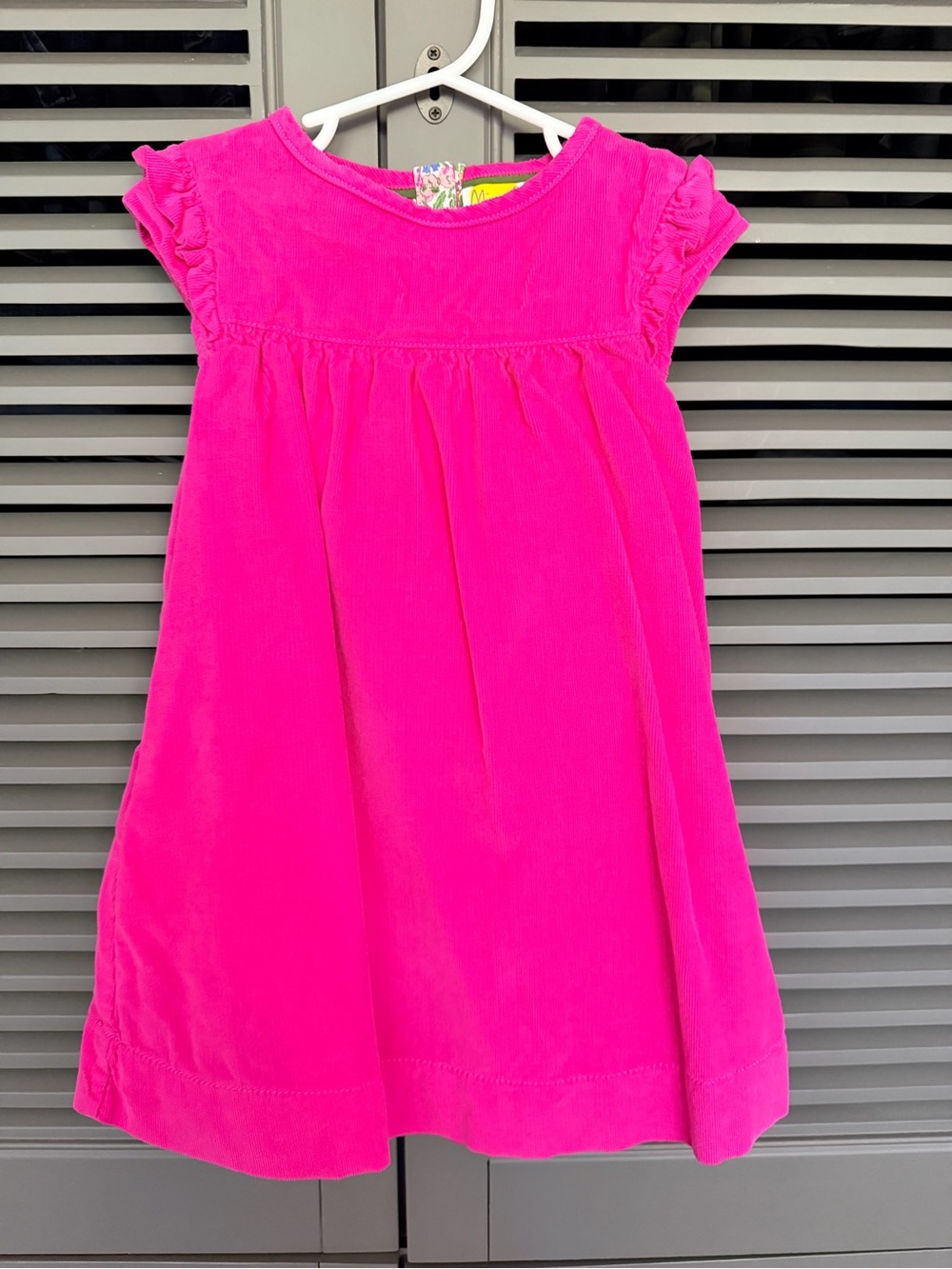 Mini Boden Bright Pink Corduroy Ruffle Sleeve Dress